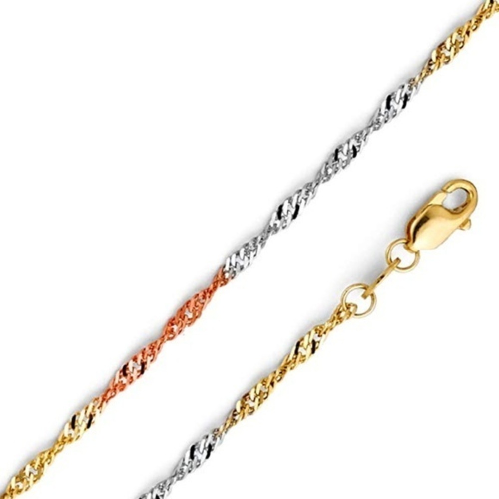 Solid 14k tri color Gold 1.5mm Singapore Chain 16"